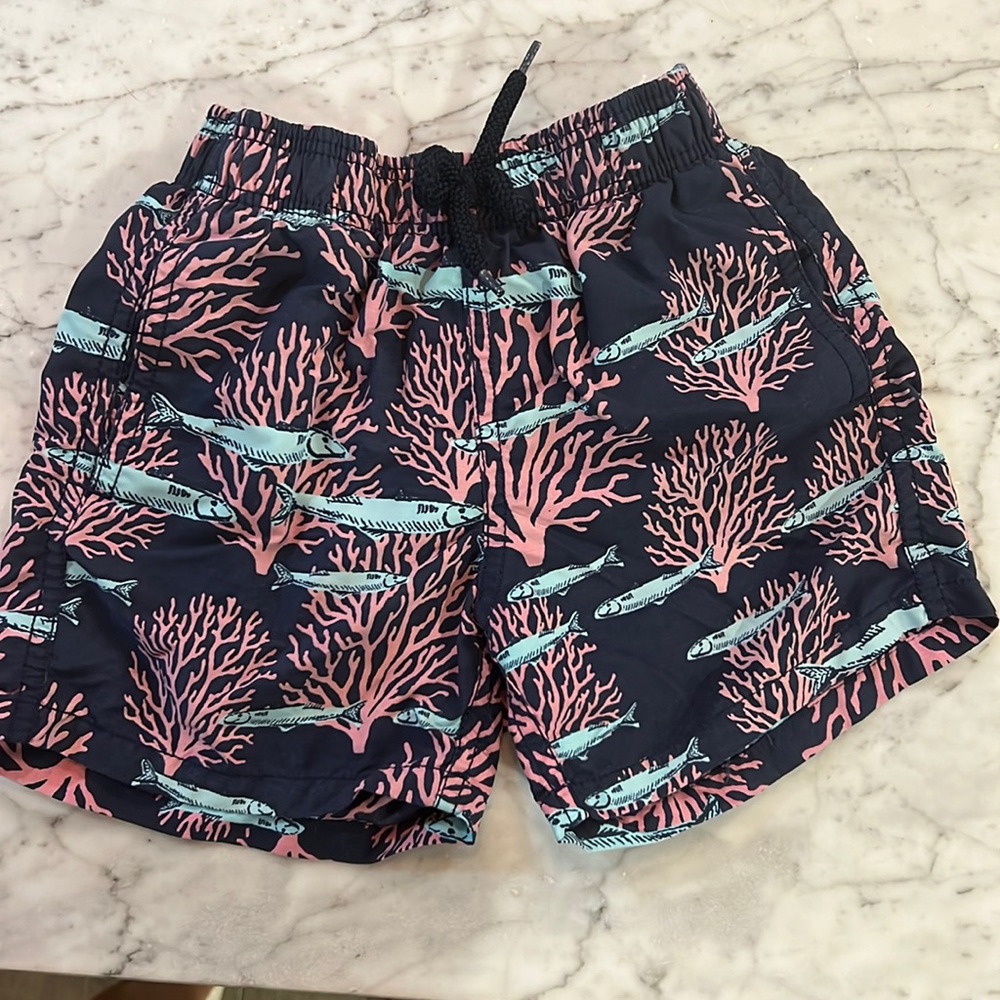 Vilebrequin  Sz 6 Swim Trunks Navy Blue w pink coral & light blue fish pattern.